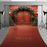 Lofaris Elegant Christmas Front Door Sweep Photo Backdrop Red Doors with Garland and Trees Holiday Welcome Home Prop